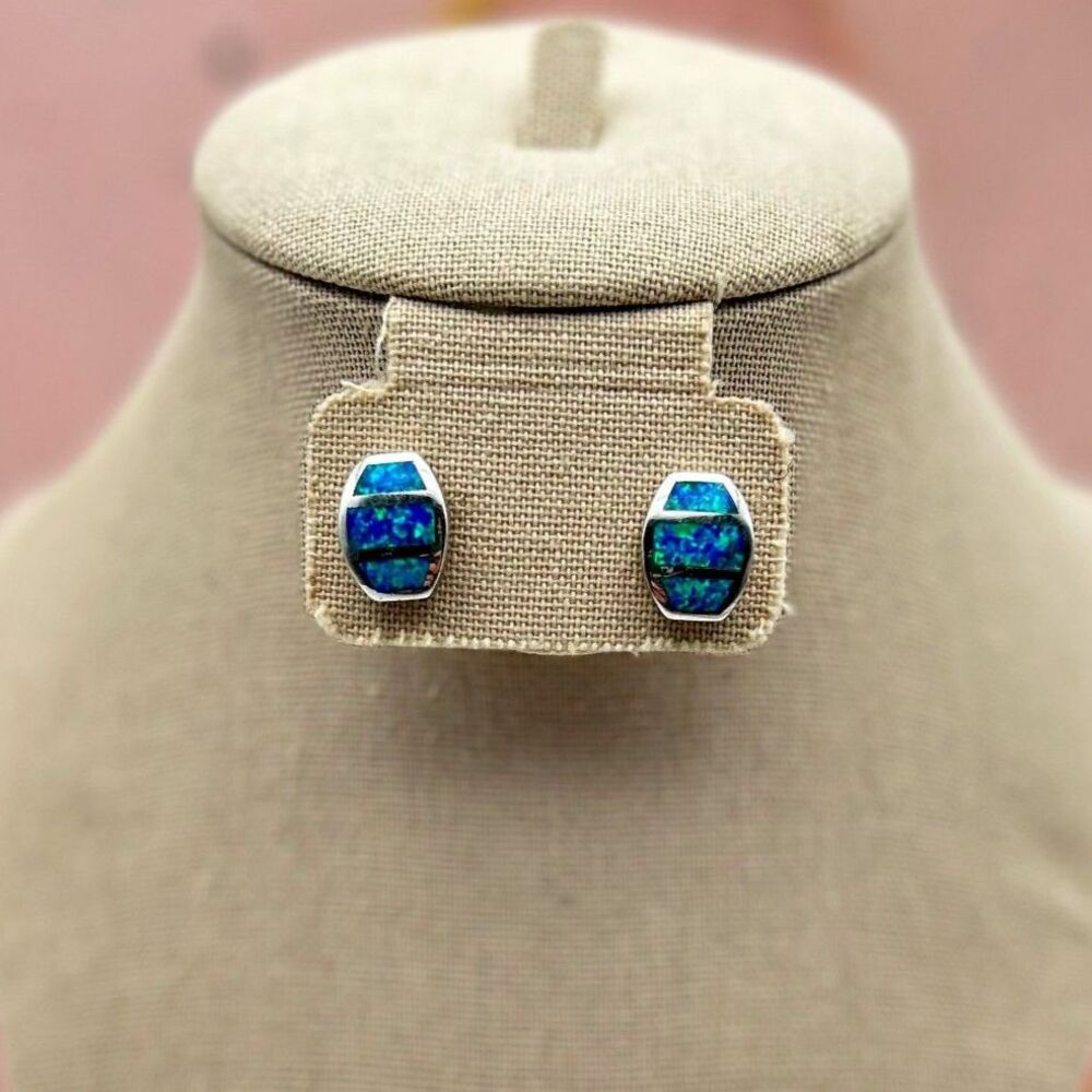 Sterling Silver 925 Blue Lab Opal Inlay Stud Earrings